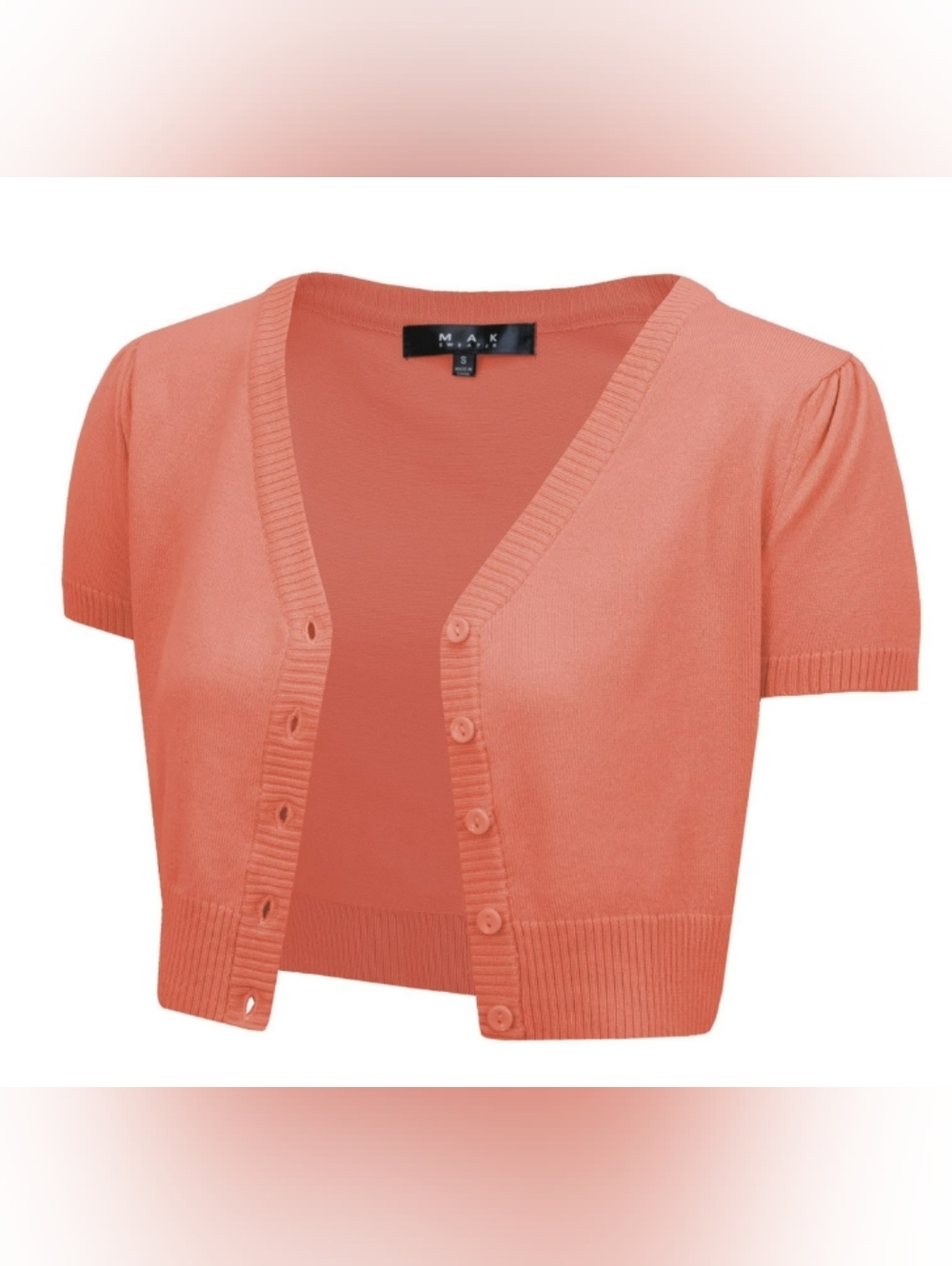 YEMAK Dusty Coral Short Sleeve Cropped Bolero Button Down Cardigan Sweater-SMALL